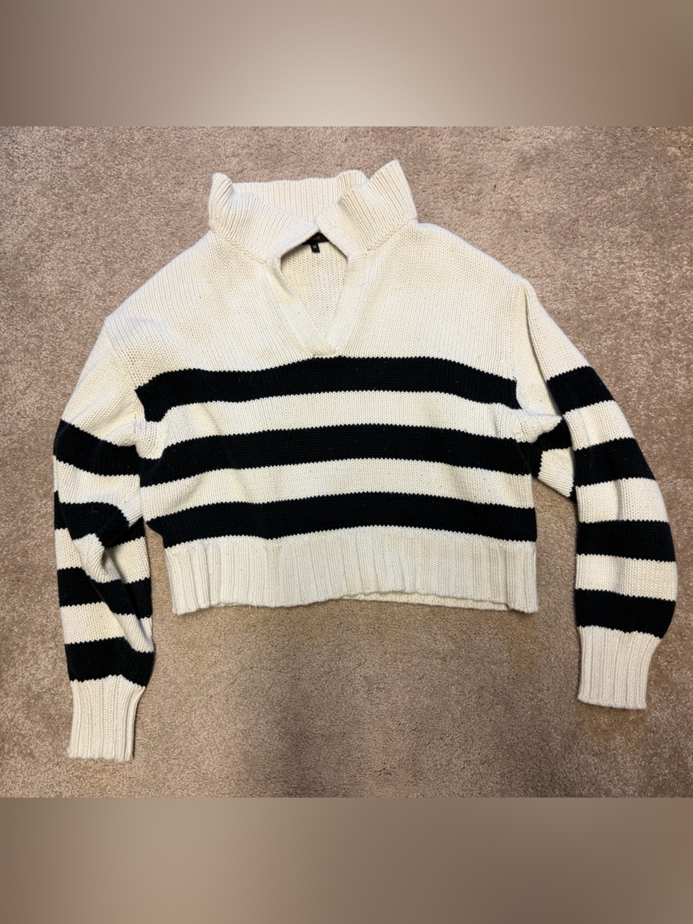 Quince Cropped V-Neck Cropped Stripe Sweater in Black & Cream